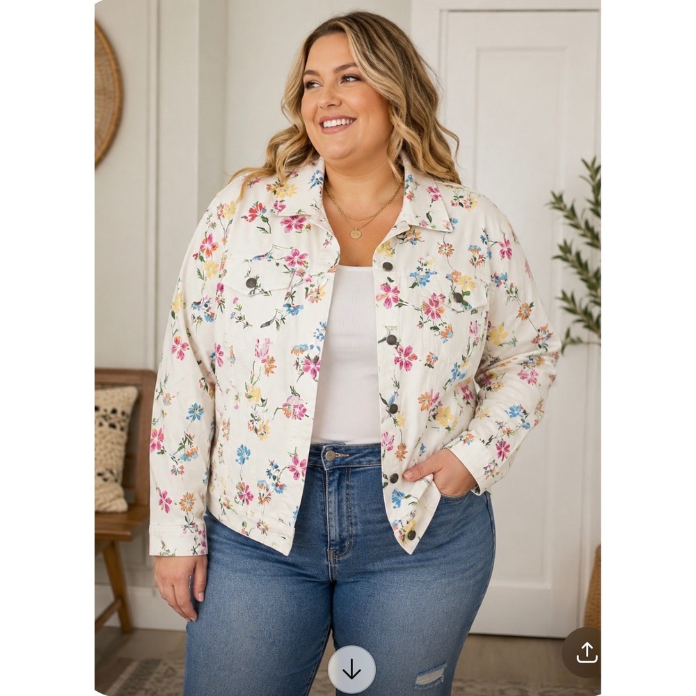 NWT Woman Within Floral Denim Jacket White Plus Size 26W Cotton